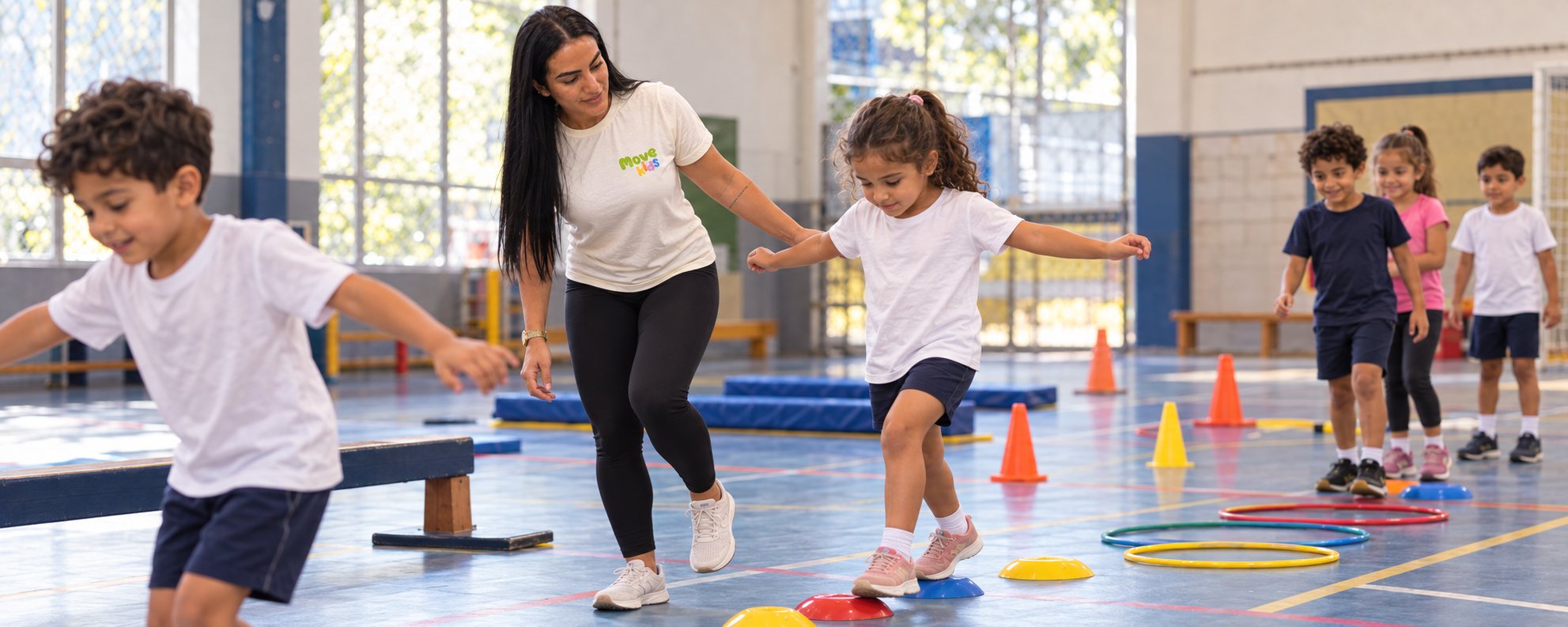 Gabriella conduz um circuito psicomotor com crianças em uma quadra coberta: discos de equilíbrio, cones, bambolês e banco sueco